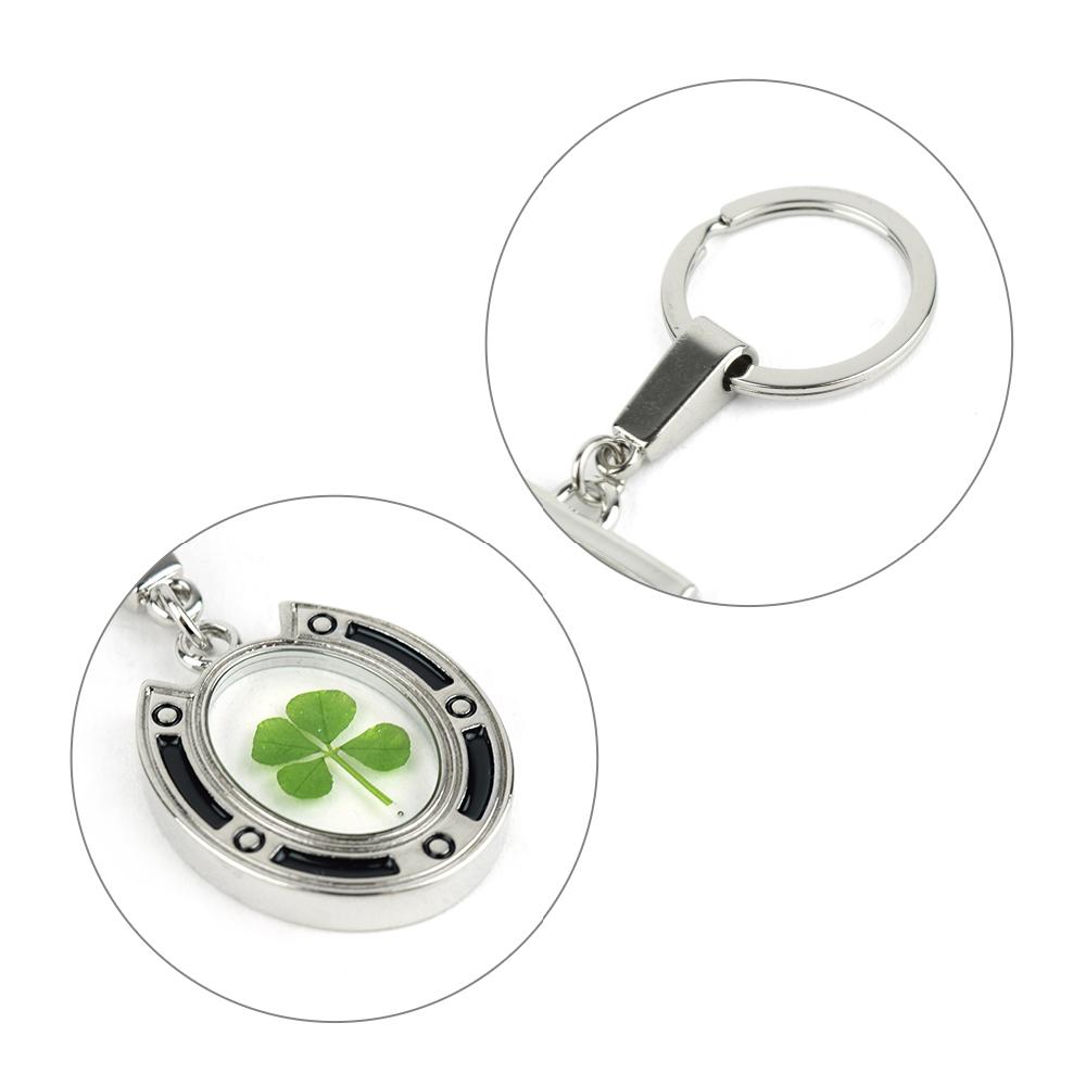 Clover Keyring - Fancy Resin Craft Art Pressed Real Four Leaf Clover Key Chain - Black Round Shape